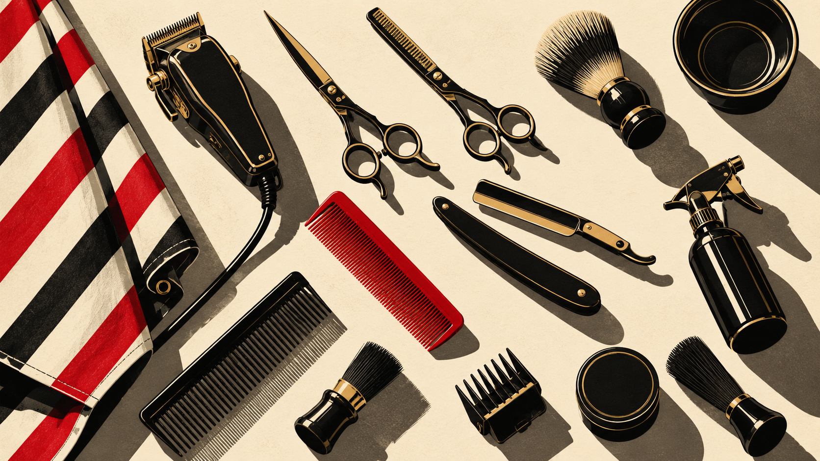 Illustration of classic barber tools arranged in a grid on cream paper