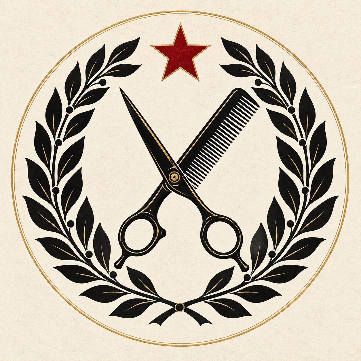 Illustration of a laurel emblem with crossed barber shears
